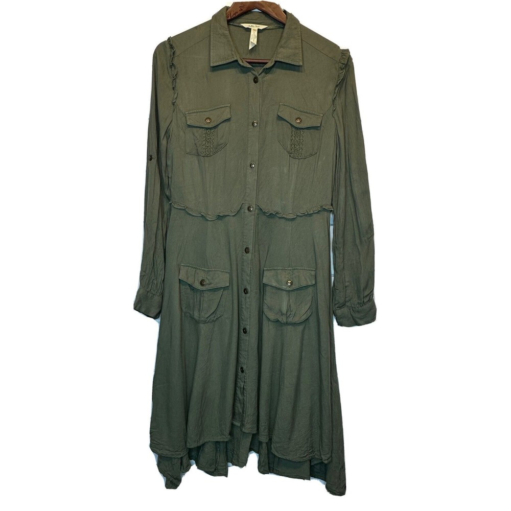 Matilda Jane Adult Dress Medium Mom Green Tree Canopy Utility Military Ruffles